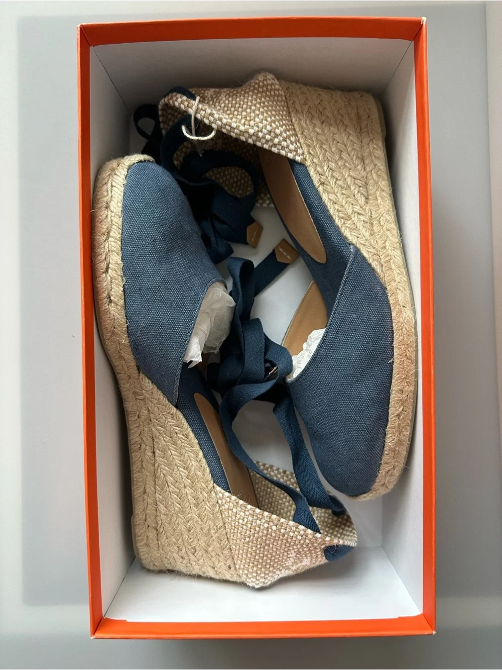 NWT Castaner Carina 6 Denim Blue Lace-Up Espadrille Wedges Size 9